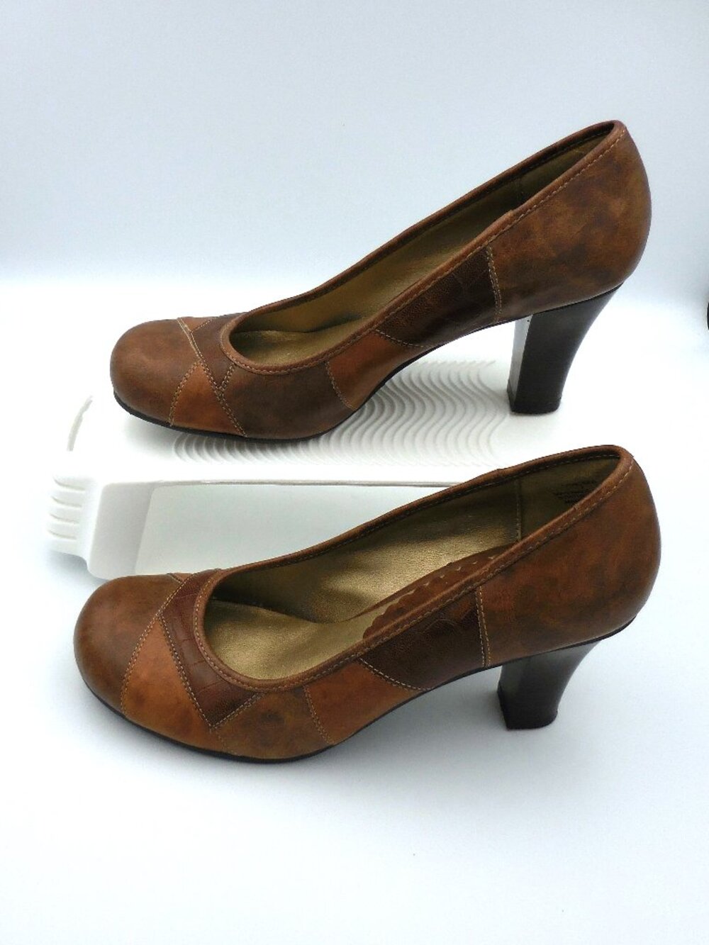 Madden Girl – Danceer Pumps – Faux Leather Brown Patchwork Heels – Size 7